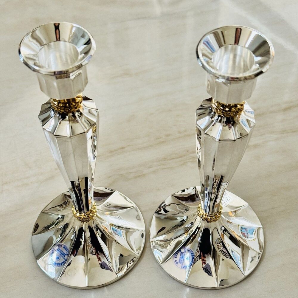 New Vintage Candlestick Holders Pair International Silverplated Gold Rope Accent